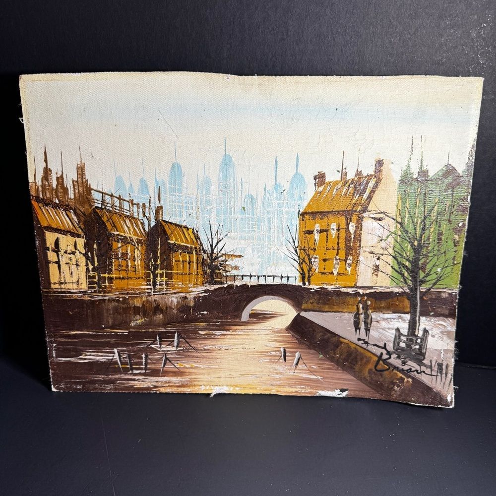 Quaint Canal Side Town Painted on Canvas with Boardback Mount by "Brian" [064]